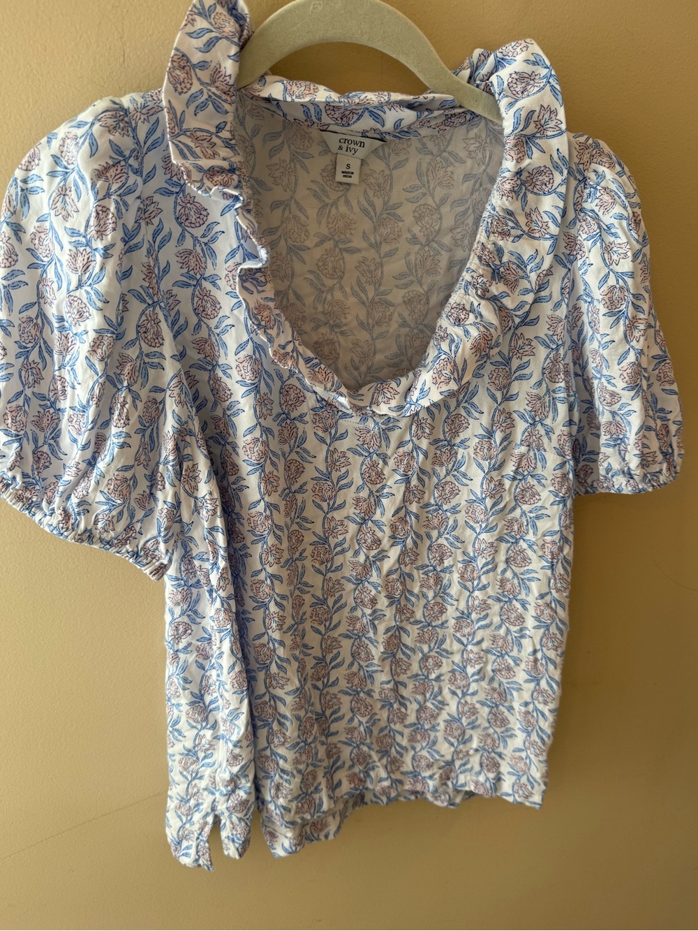 Crown Ivy blockprint top rayon ruffle trim size small